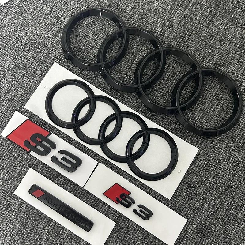 2026 Car Hood Front Grill Emblem Rear Trunk Badge Sticker 2P S3 1P Audi Sport For AUDI S3 2010-2020 2PCS 4Ring logo ABS Black
