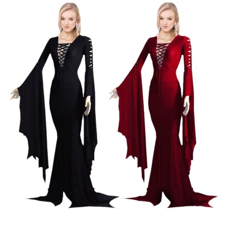 2023 Schwarz & Rot Vampirkostüm - Langes Kleid mit Rundhalsausschnitt & Schnürdetails