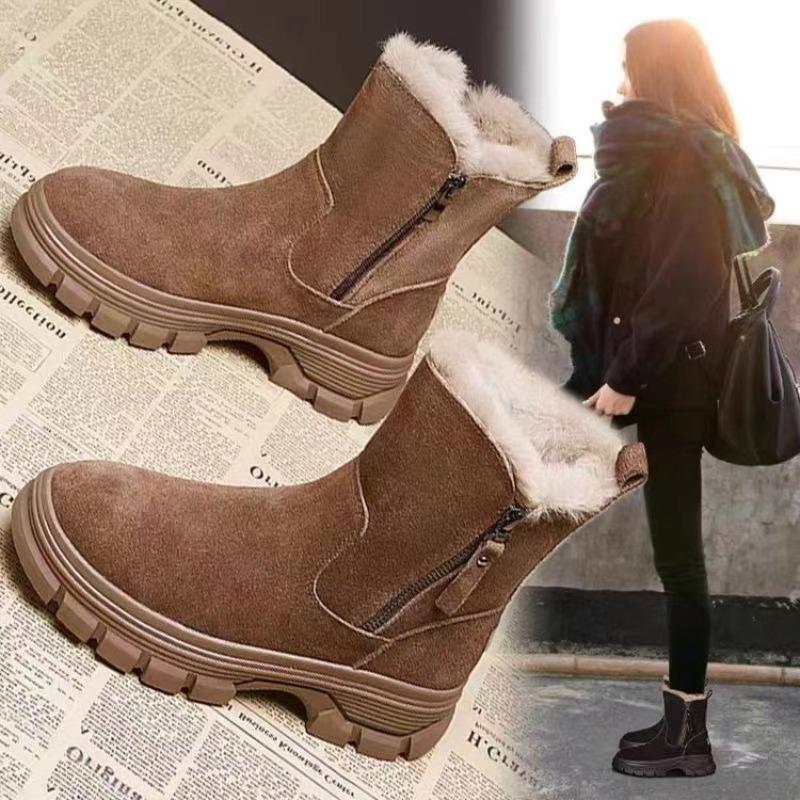 Versatile Shoes with Fleece-lined Short Boots - New Style Snow Boots, Mid-calf Thick Heel, Cotton Boots