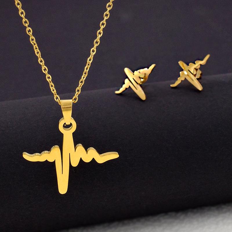 Women's Luxury Titanium Steel Necklace & Earring Set: EKG Coconut Tree & Heart Design, Non-Fading Jewelry