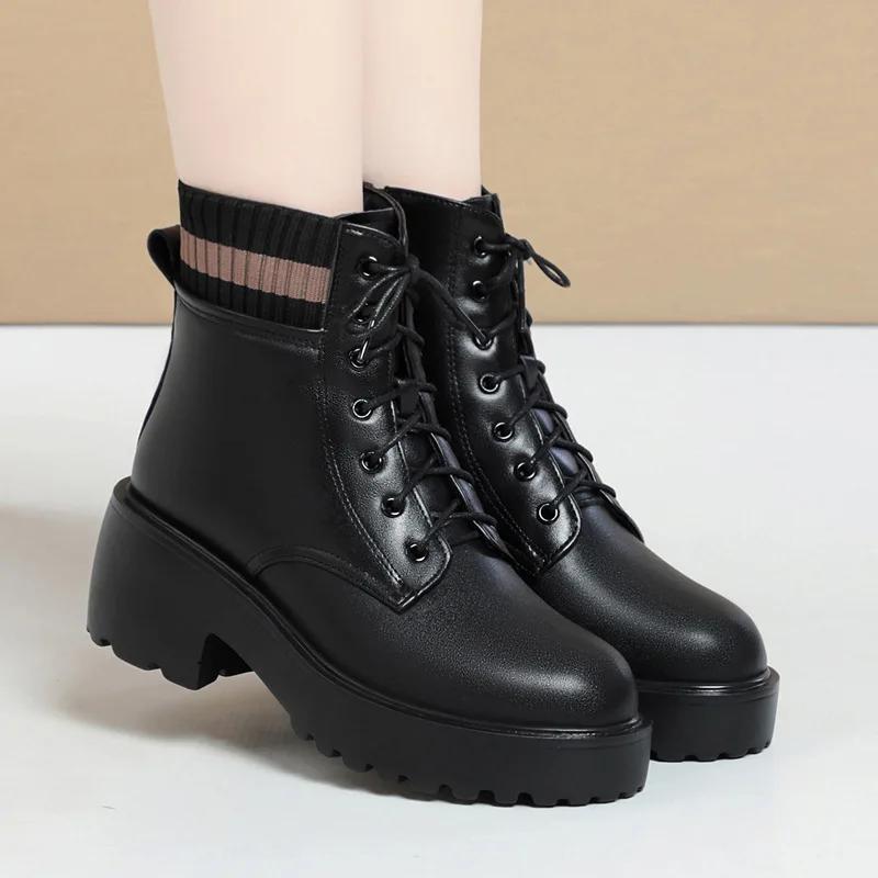 Fashion Top Quality 6CM Women's Chelsea Boots Large Size New Genuine Leather Women Winter Shoes Boots Wool British Style Mid Boots Women