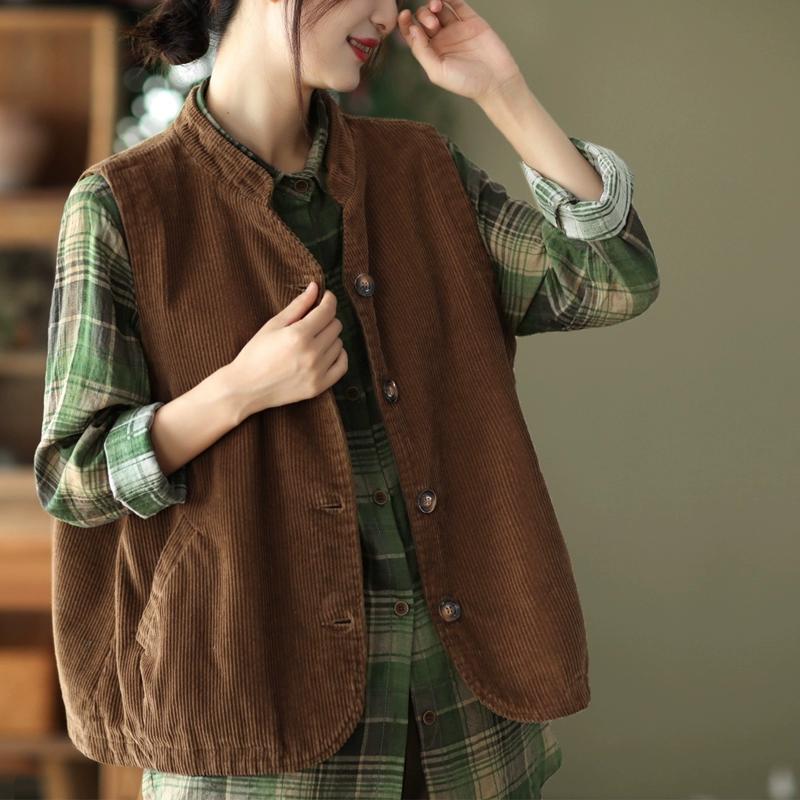 DIMANAF 2025 New Vest Short Corduroy Jacket  Autumn Sleeveless Retro Coat Buttons Women Solid
