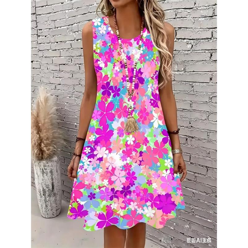Women's Summer Boho Beach Vacation Dress Sexy Elegant Floral Sleeveless O-Neck Casual Loose Dress Top