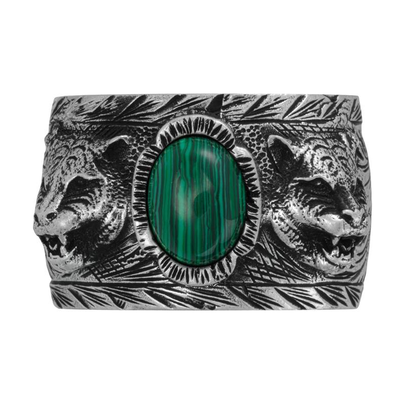 Gucci ring garden garden series wide inlaid tiger head frosted 925 silver malachite Silver 10