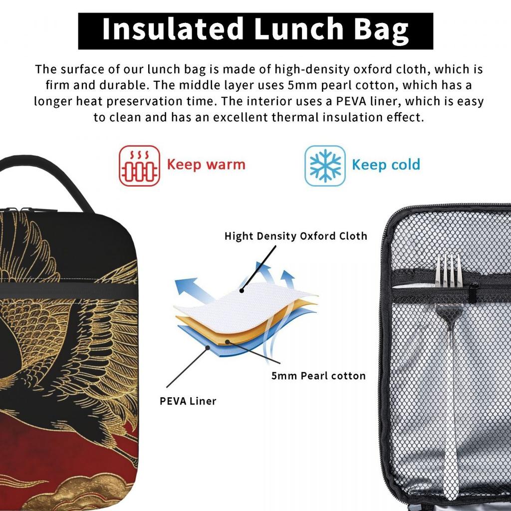 Elegant Chinese Crane And Red Golden Maroon Insulated Lunch Bag for Women Children Portable Food Boxes Thermal Lunch Box Tote