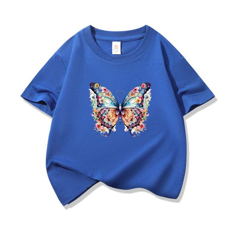 Kids Cotton T Shirt Colorful Floral Pattern Butterfly Print Crew Neck Short Sleeve Tee Casual Boys Girls Summer Tops