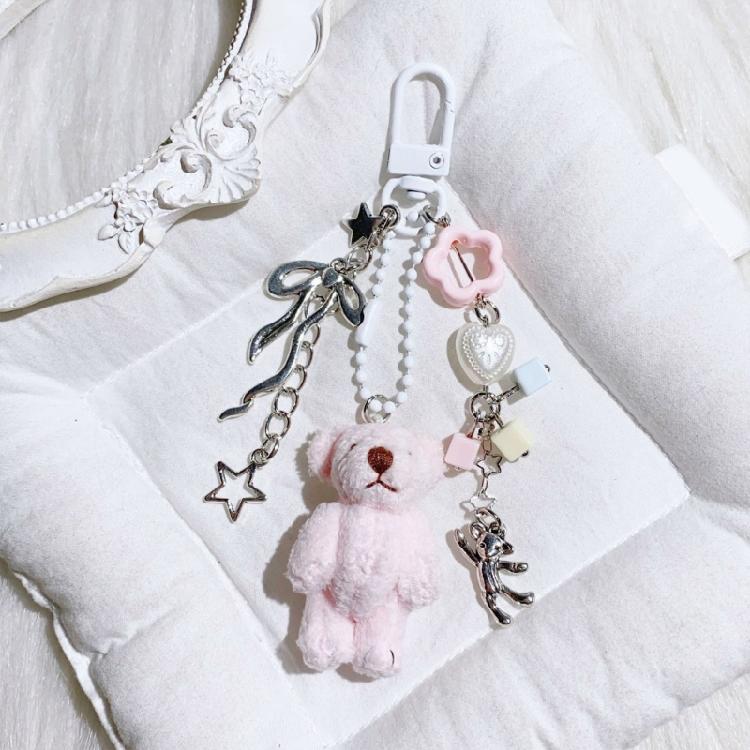 Bead Chain Adorned Bear Keyring Plush Animal Keychain Pendant Handmade Phone Charm Unique Gift for Children and Teens
