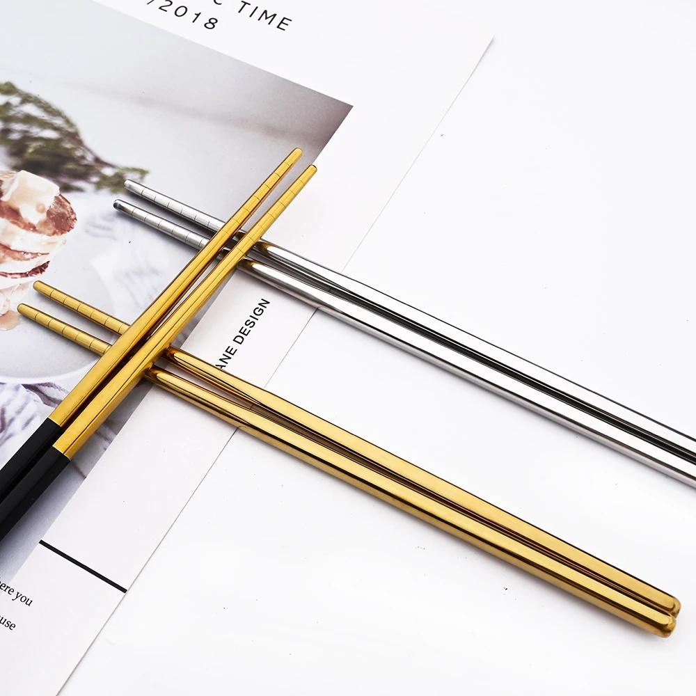 5Pairs Metal Stick Chopsticks Stainless Steel White Gold Non-slip Sushi Korean Japanese Chopstick Reusable Kitchen Tableware