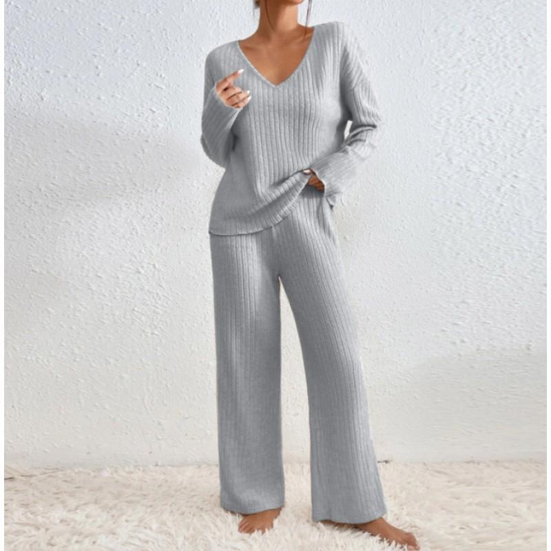 Womens Long Sleeve V-Neck Solid Color Knit Top Casual Pants 2-Piece Set Fall 2026