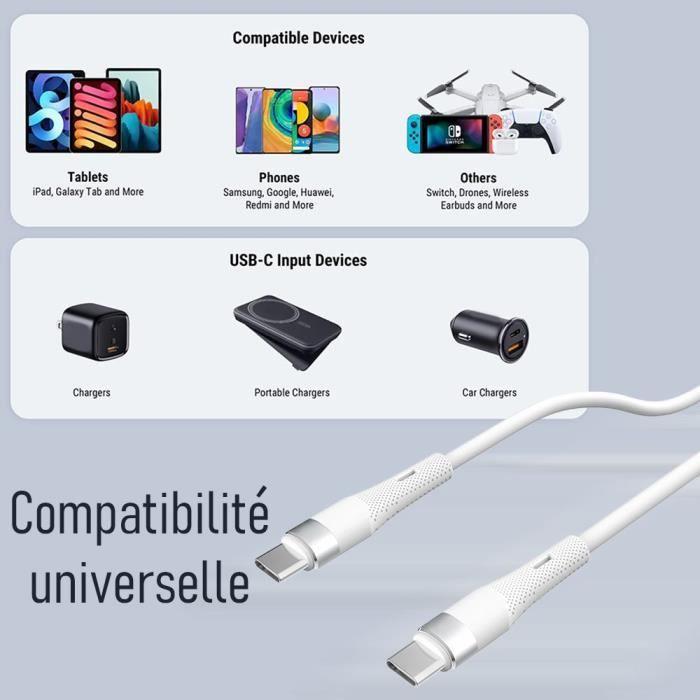2x Câble USB-C vers USB-C 60W pour Xiaomi 15 14 Ultra, Xiaomi 14T-14T Pro, Xiaomi 13 13T 13T Pro 12-12T - Blanc 1M