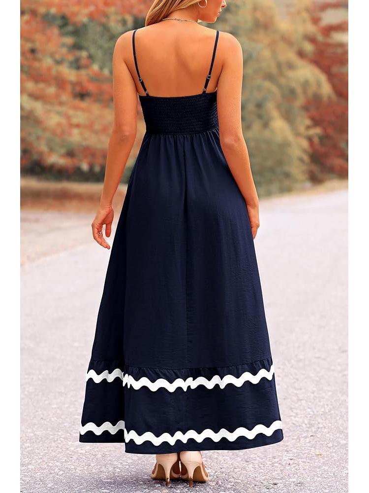 Damen Sommer Spitzen-Patchwork Spaghettiträger Maxikleid