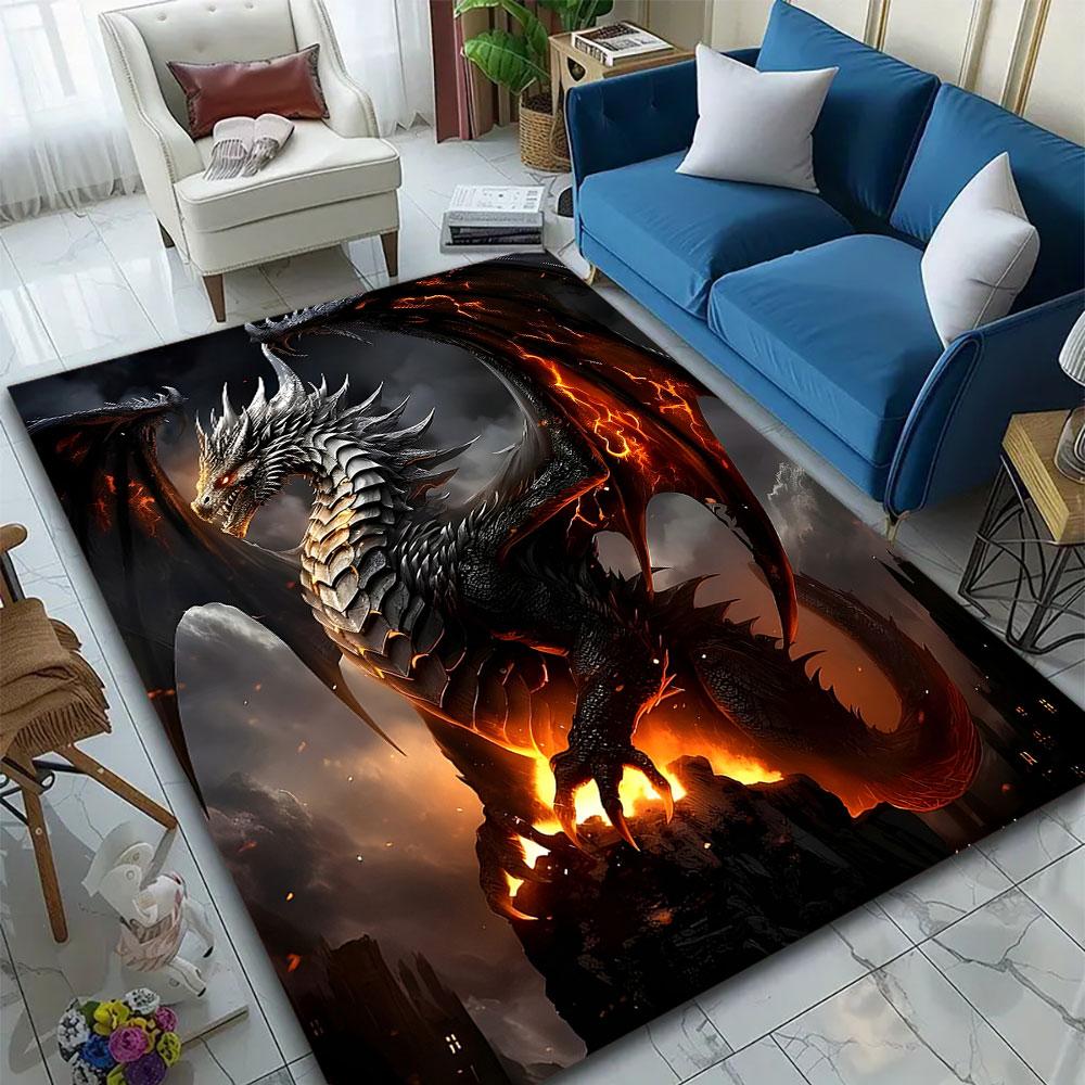 "Fiery Black Dragon in Dark Castle Scene" Patterned carpet, suitable as a non slip play mat for the living room and bedroom sofa