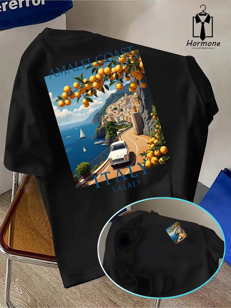 T-shirt Unisex Estiva Stile Viaggio Italiano Fantasia Costiera Amalfitana Vestibilità Larga Adatta per l'Uso Quotidiano Casual Materiale 100% Cotone Versatile