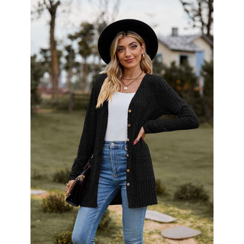 VEZFAA Giacche e cappotti a maniche lunghe con scollo a V, a tinta unita, casual, autunno e inverno, da donna