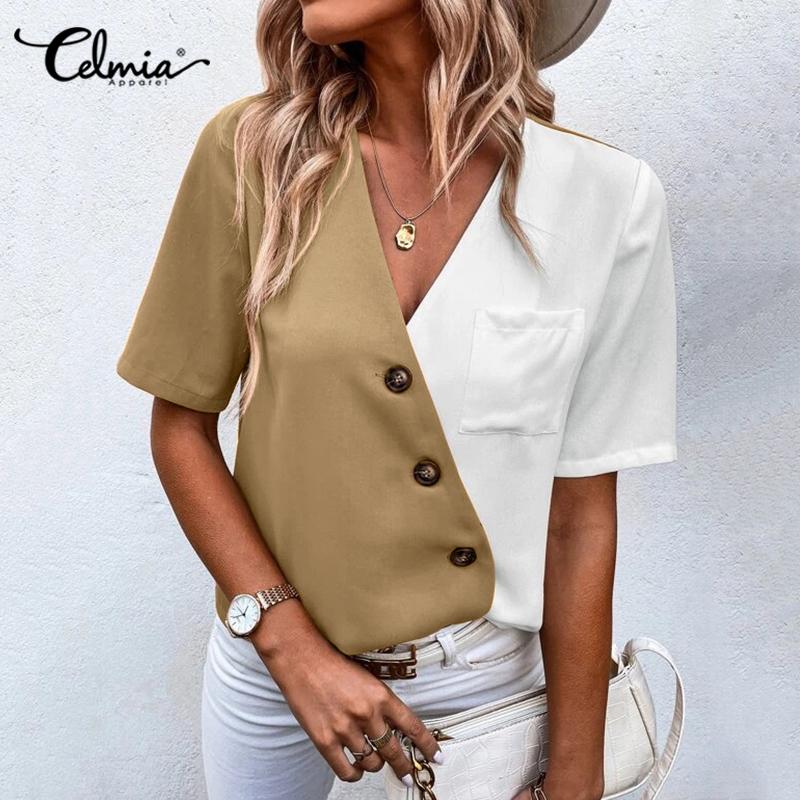 

Celmia Лето Женщины с коротким рукавом Блузка V Шея Пэчворк Повседневная элегантная рубашка Плюс Размер Топы