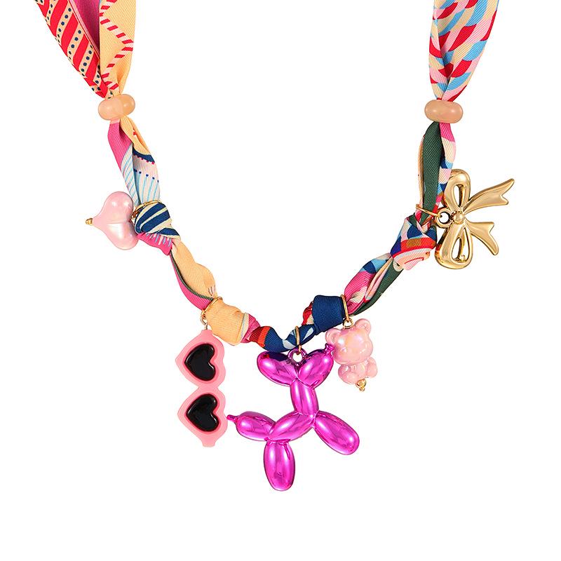 Dopamine Color Silk Scarf Bowknot Pendant Necklace for Women - Light Luxury Fashion, Pink Puppy Design