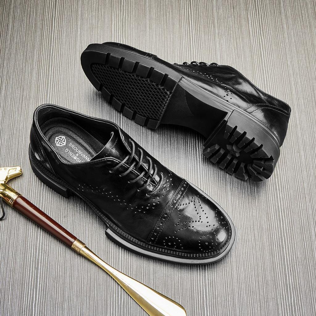 Men'S Shoes British Style Leather Casual Leather Shoes Round Head Breathable Business Shoes Black Fashion Lace-Up Shoes