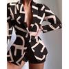 European and American Women's Clothing Fashion Suit Print Shorts Suit Long Sleeve Printed Shorts Suit