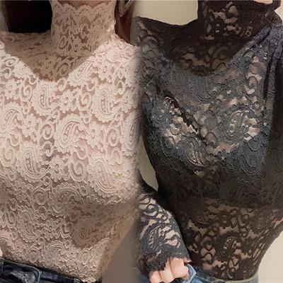 Turtleneck Long Sleeves Perspective Thin Bottoming Top Women Embroidery Floral Crochet Lace Hollow Top