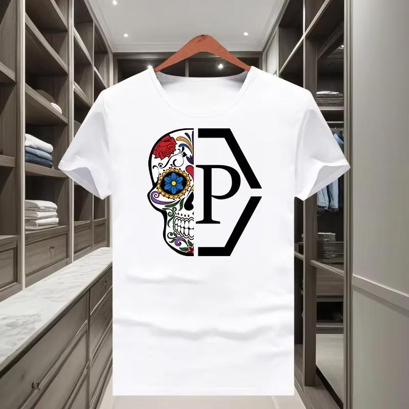 Cotton Classic Fashion Half-Skull Flower Print Men's and Women's 2025 New Loose-Fit Short-Sleeve Round-Neck T-Shirt