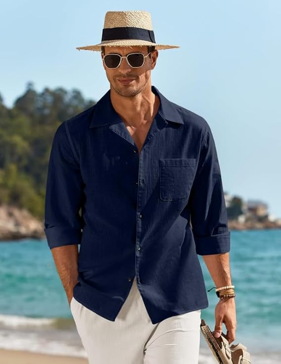 Men’s Casual Cotton Blend Long Sleeve Button Down with Spread Collar Shirt