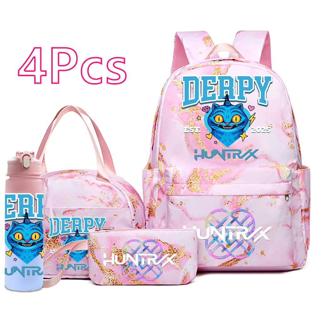 4Pcs/set Anime K-Pop Demon Hunters Printed Backpack Handbag Pencil Case 750Ml Water Bottler for Teenager Boy Girl Large Capacity Waterproof Schoolbag