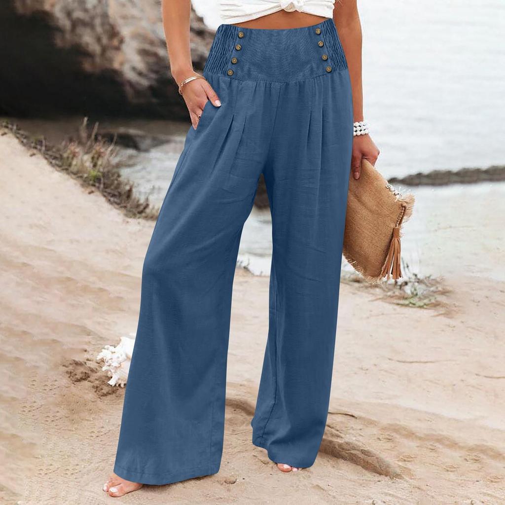 Women's Loose Cotton Linen High Waist Wide Leg Pants - Spring/Summer Casual Elastic Waist