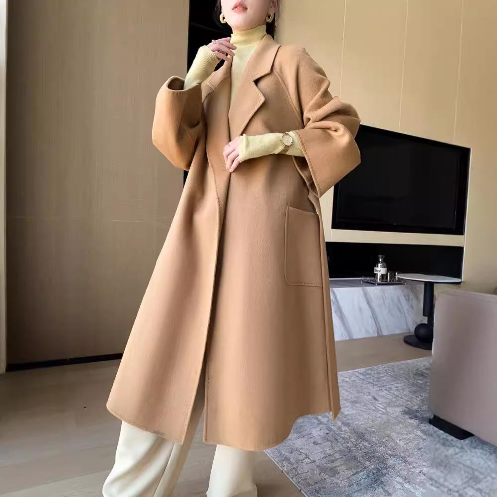 

Women s Double-Sided Wool Coat with Tie: Autumn/Winter, 100% Wool, Over-the-Knee Length, Loose Fit S (90-120 jin)