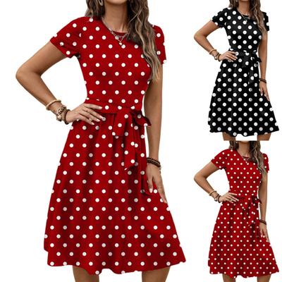 Damen Modisches Retro-Musterdruck Farbblockgürtel Freizeitkleid