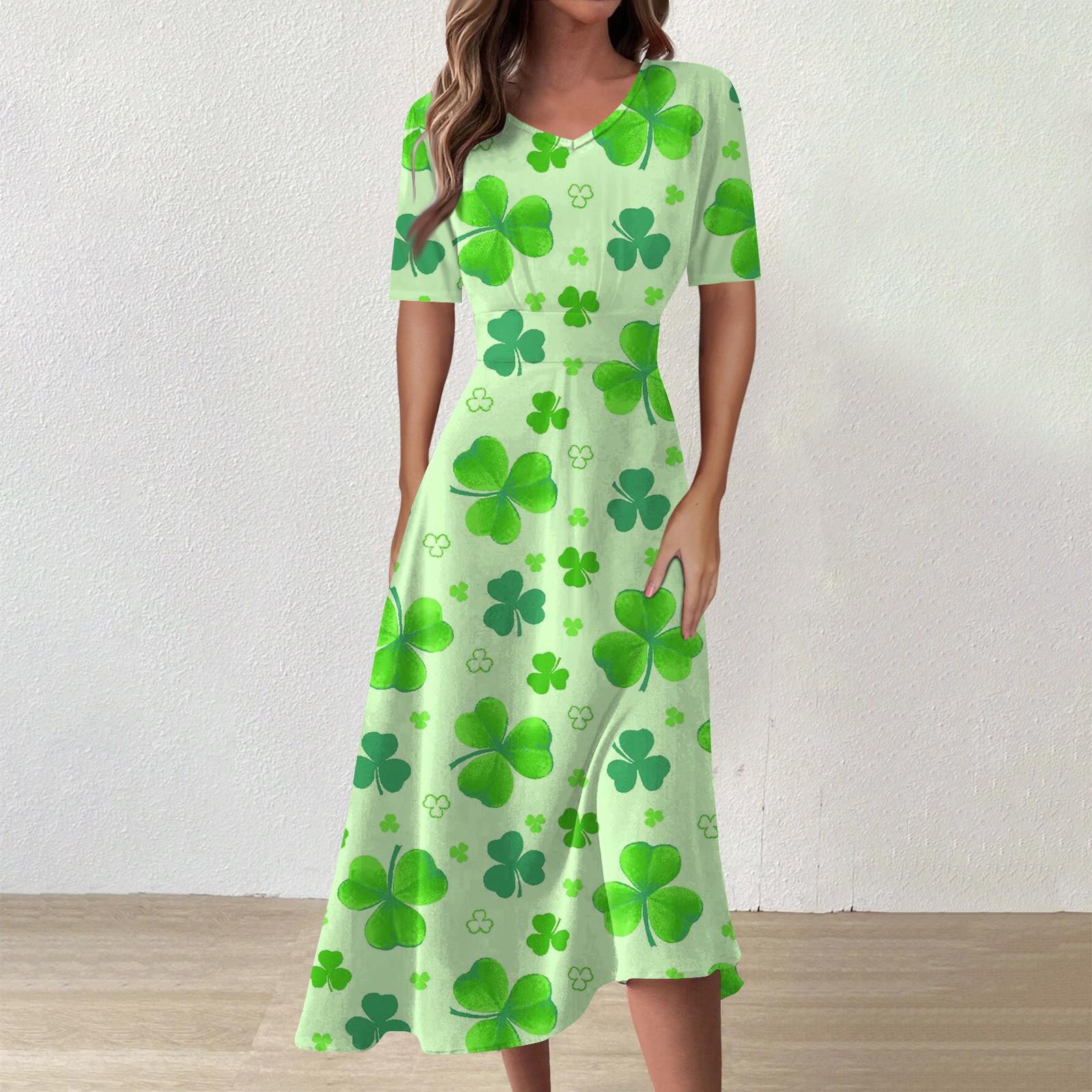 

Женская повседневная мода St. Длинное свободное платье с принтом ко Дню Святого Патрика, V-образным вырезом, короткими рукавами и талией XL зелёный