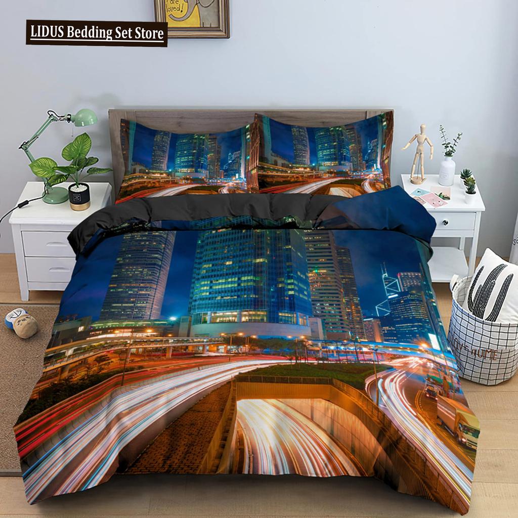 New York Duvet Cover NYC That Never Sleeps Reflection On Manhattan East River City Night Scene Room Decorative Bedding Pink Blue