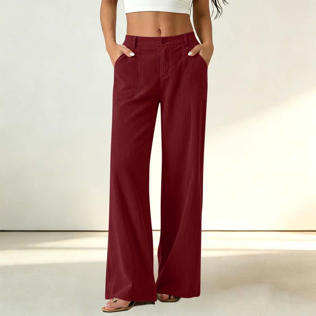 Women's Corduroy Dress Pants with Elastic Waist and Single Button Closure, Color Work Trousers