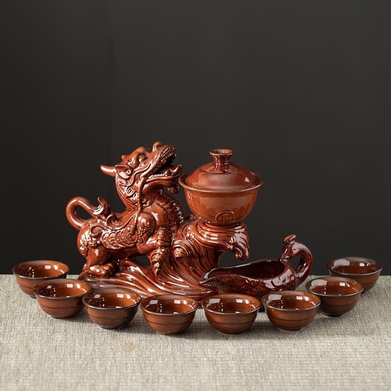 1 Set Lazy Tea Set Magnetic Water Diversion Rotating Gaiwan Tea Maker Automatic Brave Troops Retro Teapot Tea Cups Cover Bowl Rectangular Tea Tray Chi