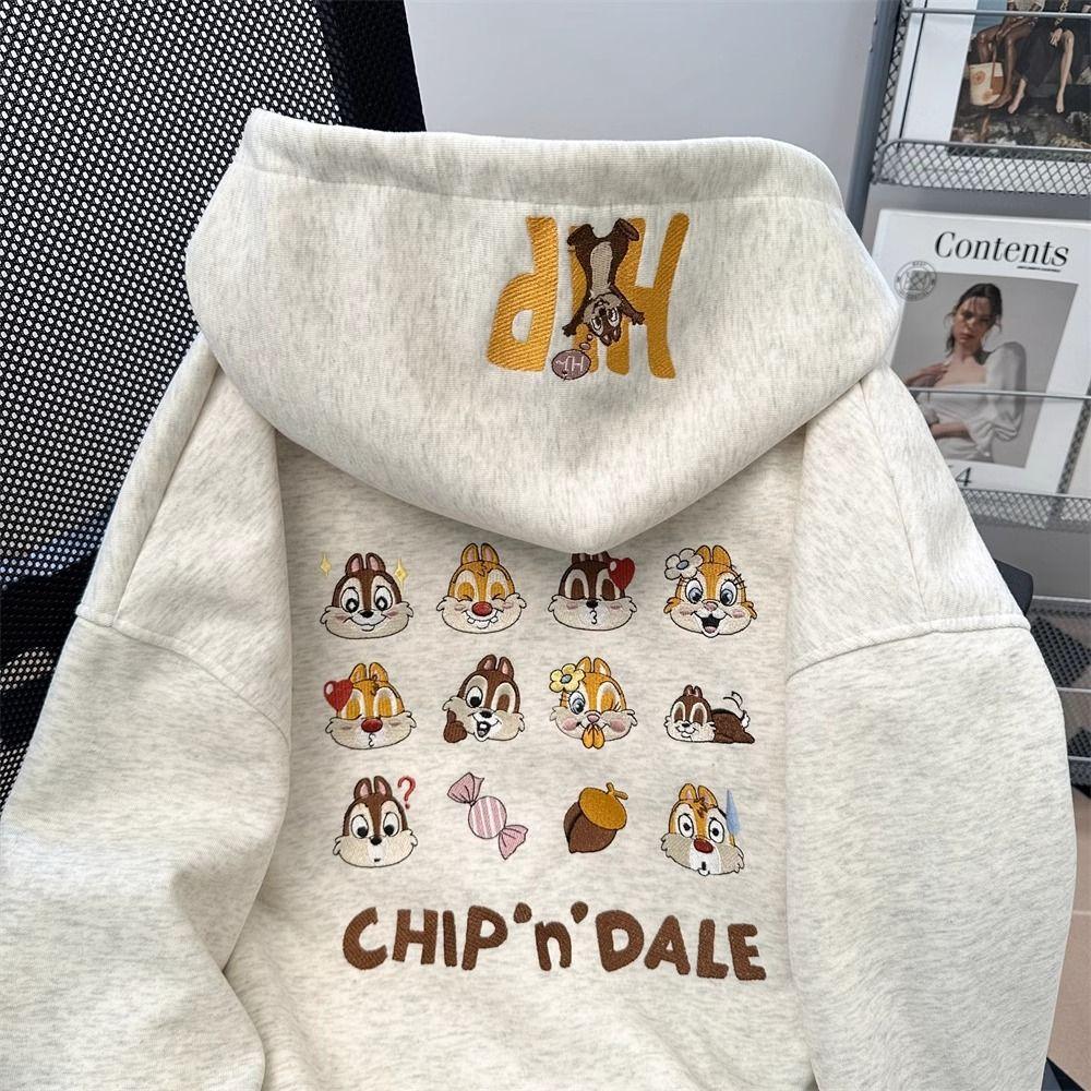 2025 Embroidered cartoon fleece sweater women's season design sense loose cute hooded jacket