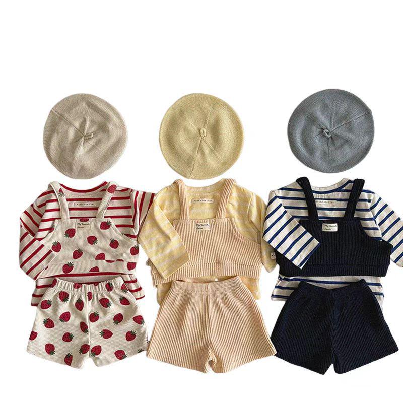 Korean Spring Toddler Waffle Strawberry Two-Piece Set: Striped Top & Shorts