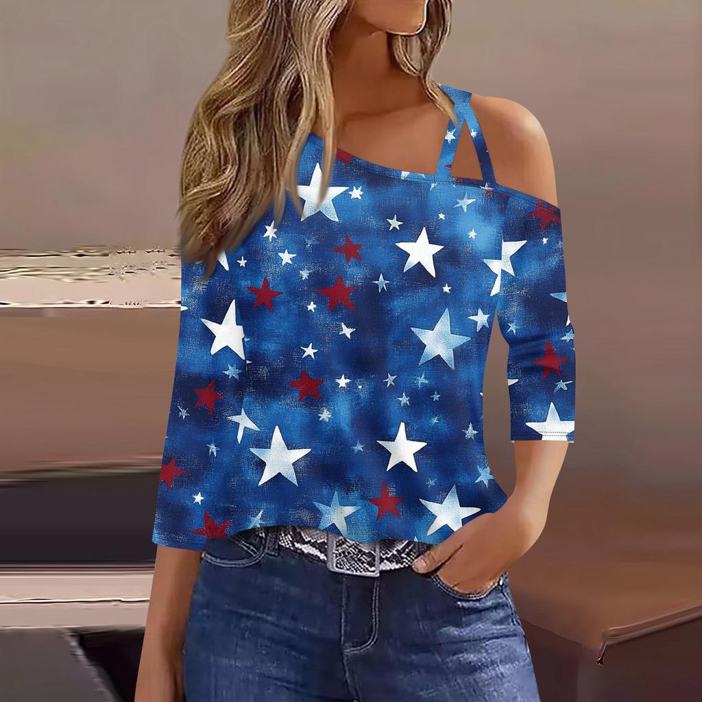 Women's Fashion Casual Independence Day Print Sexy Cold Shoulder 3/4 Sleeve T-shirt Top