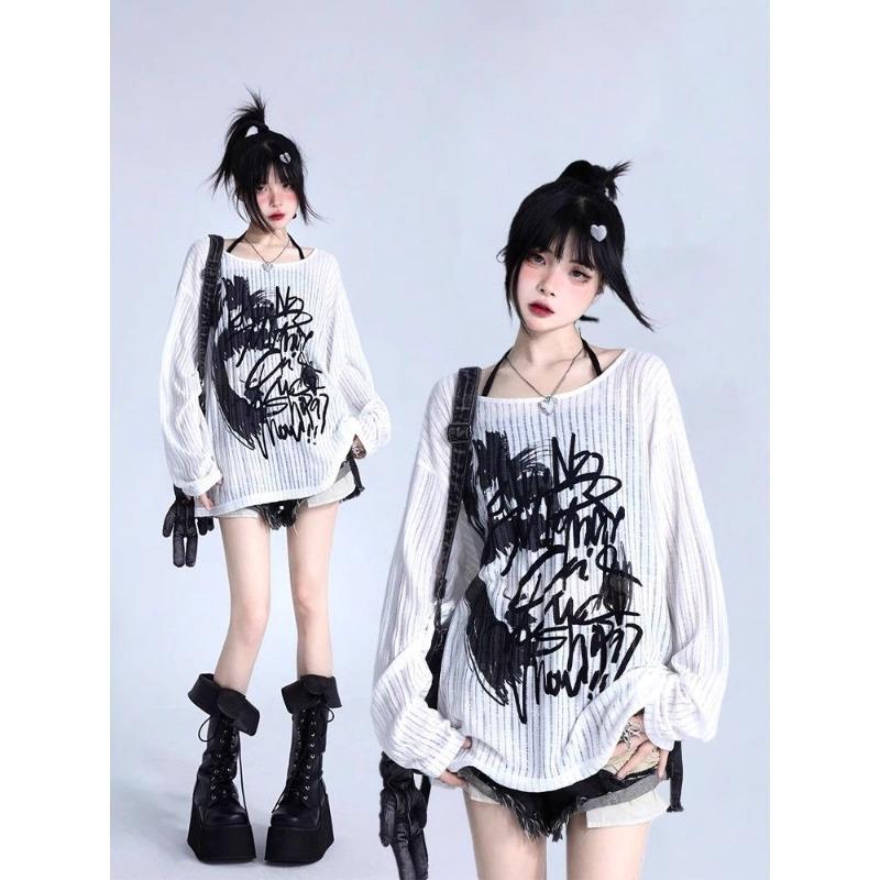 Oversized T-Shirt Women Graffiti Print Off Shoulder Long Sleeve Tees Y2k Tops Ropa Mujer Casual Streetwear Fashion T-shirts