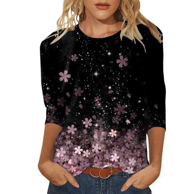 Damen Alltag Oberteile mit Blumen- und Paillettendruck Dreiviertelärmel Rundhals T-Shirt Bedruckte Blume Locker Seitenschlitz Bluse