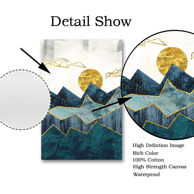 Nordic abstrato geométrico montanha paisagem arte da parede pintura em tela dourado sol arte cartaz impressão imagem de parede para sala estar