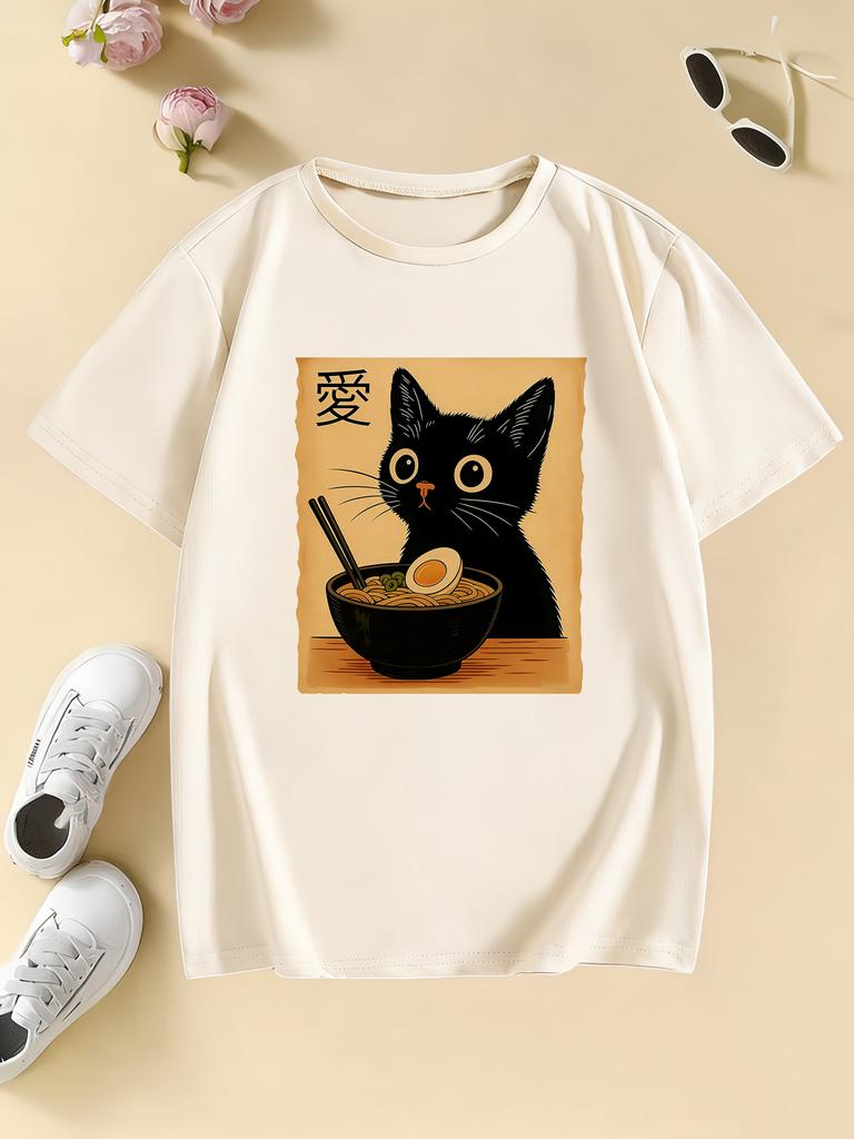 Retro Cat Kawaii Design Oil Print T Shirts Kids Childrens Tshirt Casual Boys Girls Summer Spring Casual Top Tee