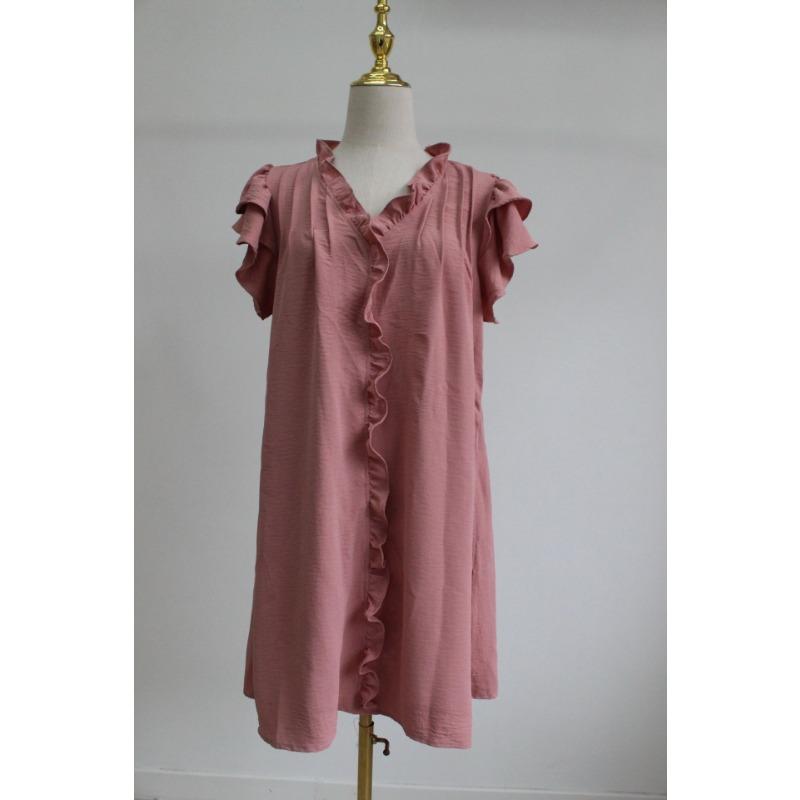 Fashion V-neck Ruffled Short-sleeved Dress Summer Solid Color Loose Shift Dress