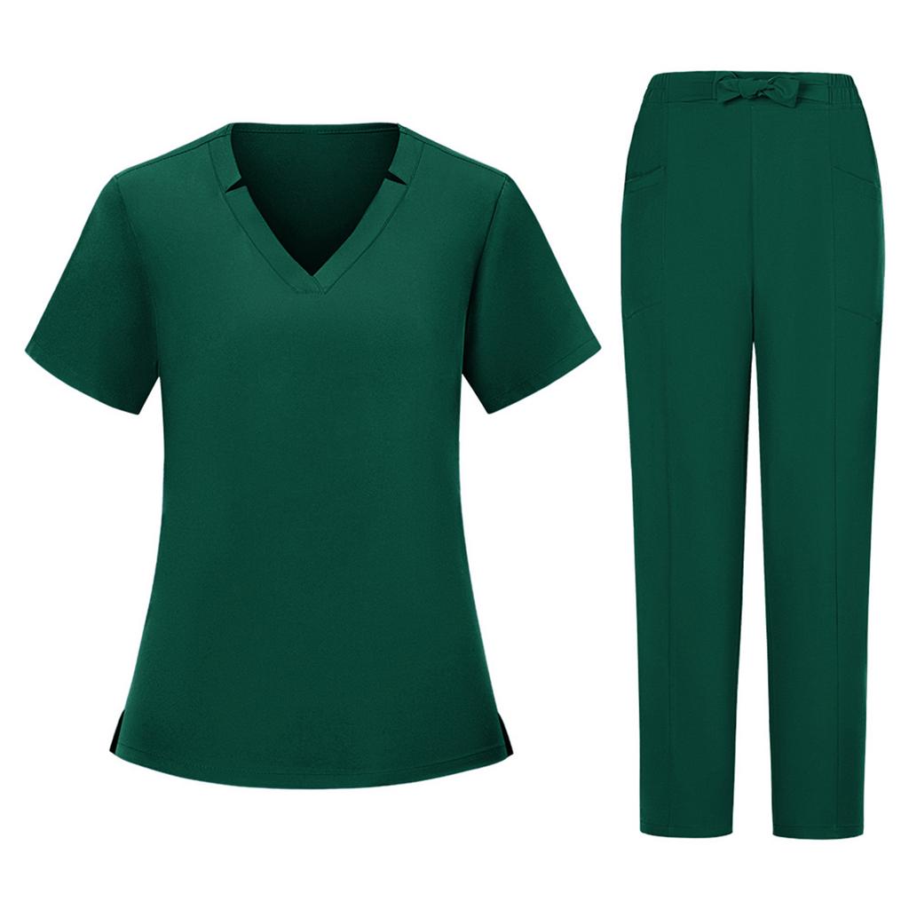 Women's Short Sleeved Color V Neck Pocket Top Pants Work Clothes Two Piece Set