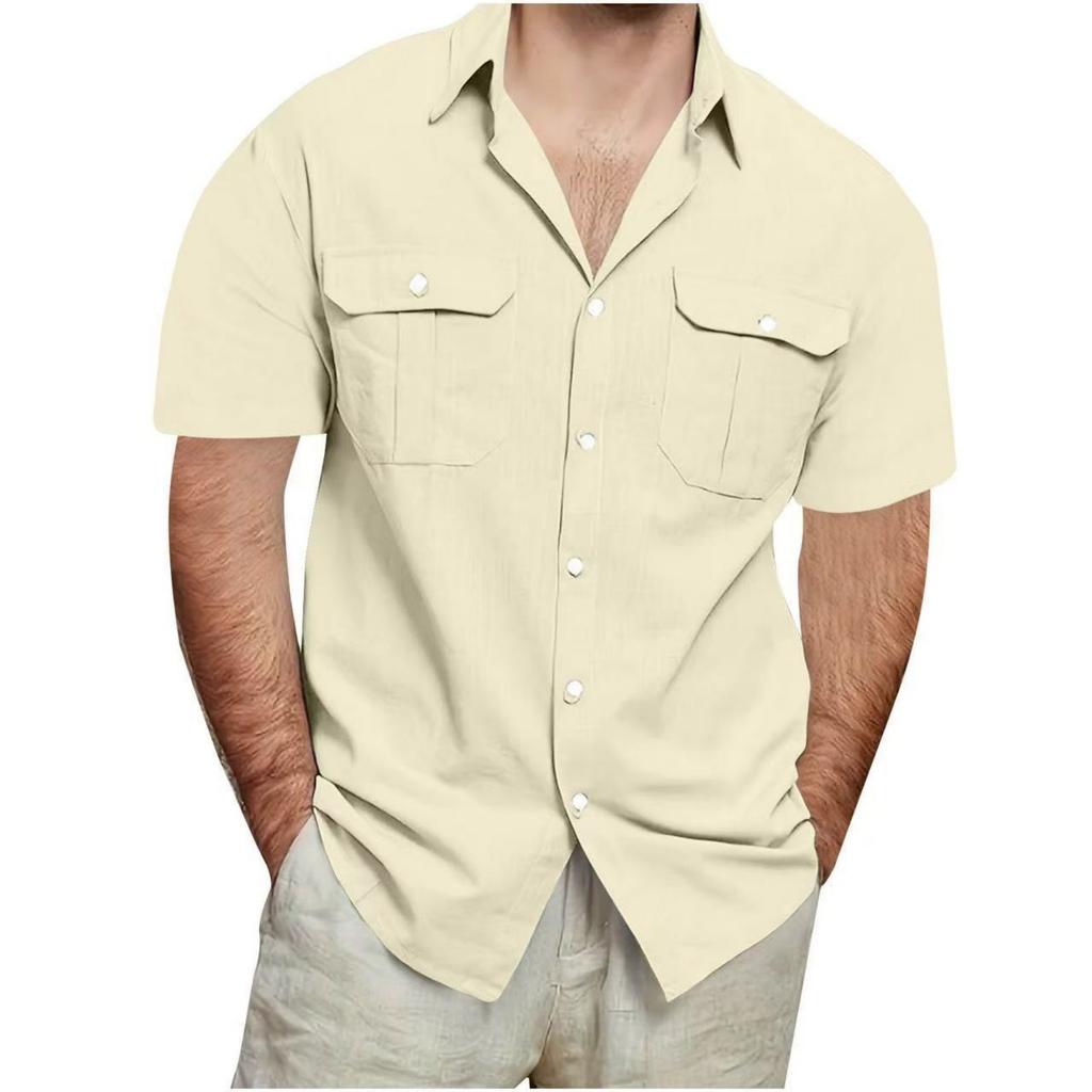 Men's Double Pocket Cotton And Linen Leisure Holiday Short-sleeved Shirt