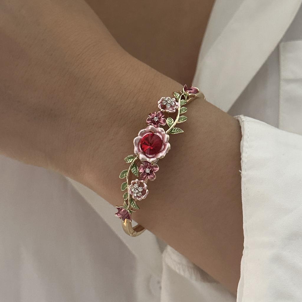 Boho Vintage Colorful Enamel Flower Bracelet For Women Gold Plated Crystal Zircon Hollow Floral Bangle Party Wedding Jewelry