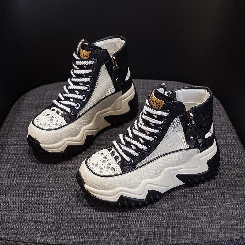 Women's summer 2025 new leather through the net dad shoes retro lightweight inner height increase casual sports shoes platform sandals