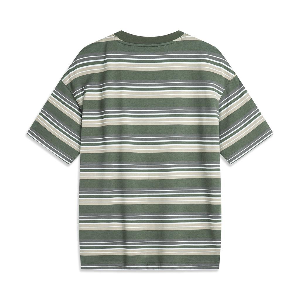 Li Ning CF Water Flow Full Print Striped Round Neck Pullover Comfortable Cool Loose Short Sleeve T-Shirt Men T-Shirts Dark-Green ATSU631-1
