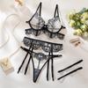 Fashion Transparent mesh embroidered diamond lace bra thong set women's three-point sex underwear four-piece set