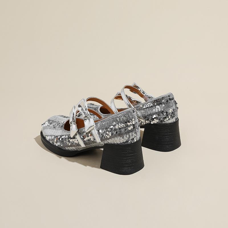 

French Mary Jane women s shoes silver high-end round head thick heel single shoes spring and autumn bow beads thousand gold style women s shoes 40 серебряный серый