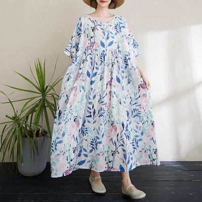 DIMANAF 2024 Plus Size Dress New Summer Basic Loose Women O-Neck Vintage Short Sleeve Big Size Beach Long Dress