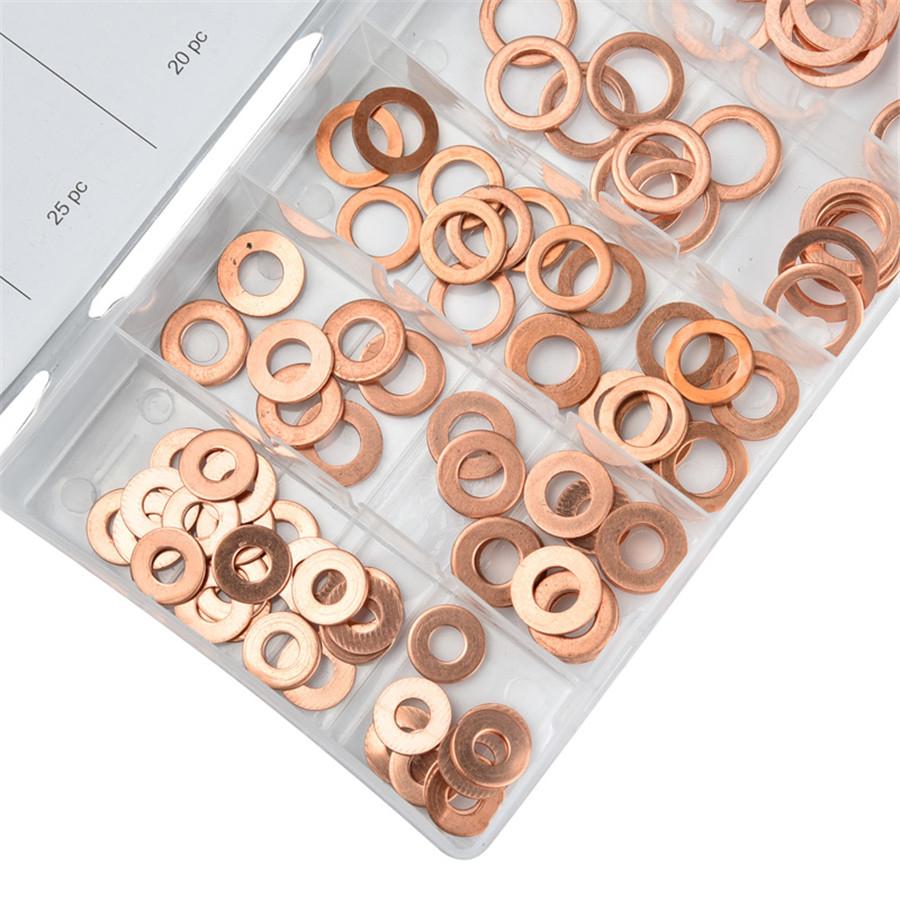 110pcs 1/4"-5/8" Engine Oil Drain Copper Ring Gaskets Flat Washer Set Seal Assortment Kit with Box